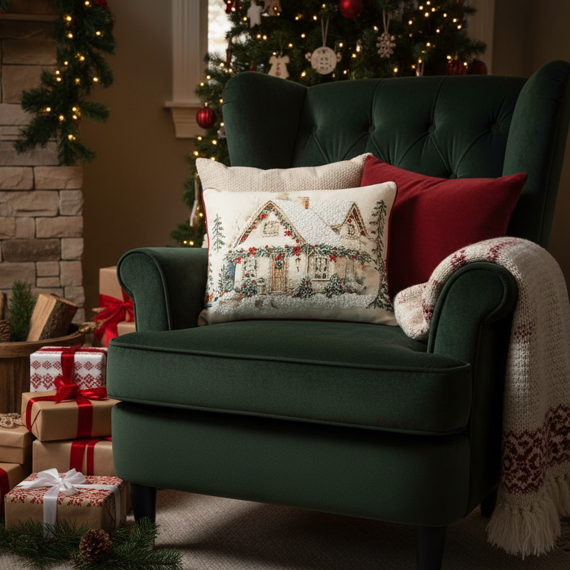 Hansel and Gretel Cushion in Christmas Setting