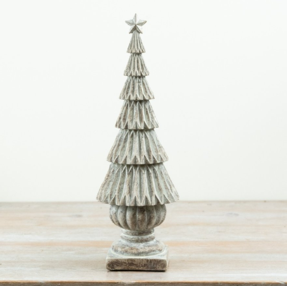 Distressed grey-white decorative Christmas tree ornament with layered geometric branches, star topper and sculpted pedestal base, 39.5cm