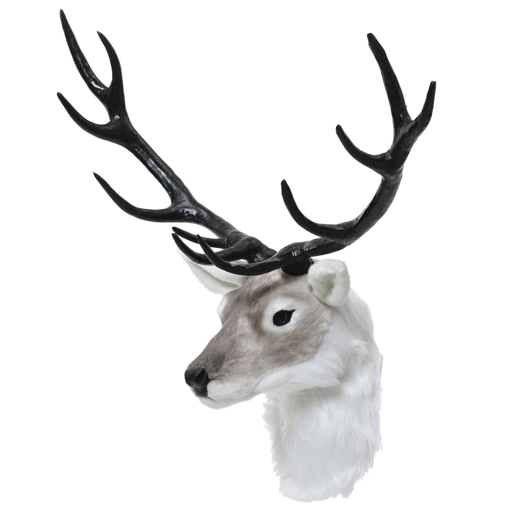 White and beige faux-fur deer head wall decoration with large sweeping black antlers