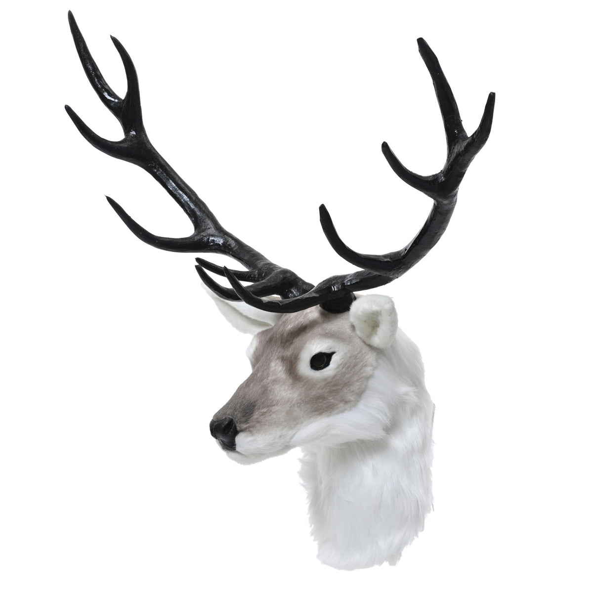 White and beige faux-fur deer head wall decoration with large sweeping black antlers