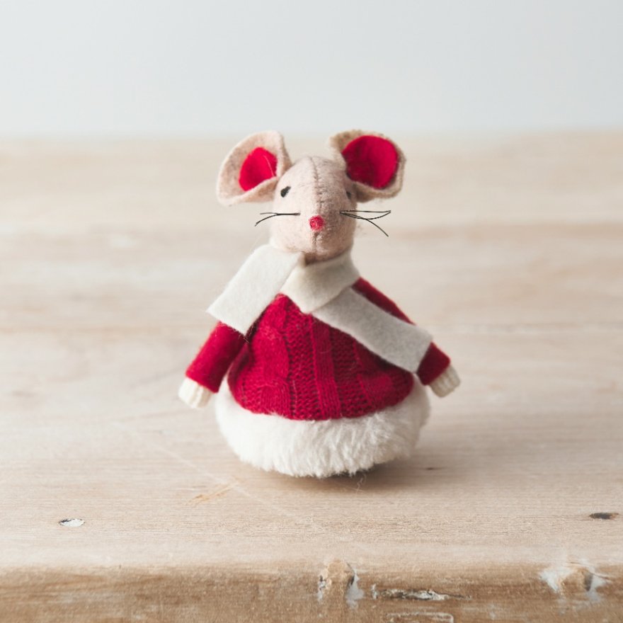 Mouse decoration wearing a red jumper and white scarf, 9cm
