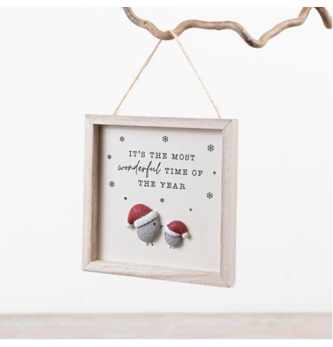 Hanging Christmas pebble sign with robin figures and festive sentiment, 13cm