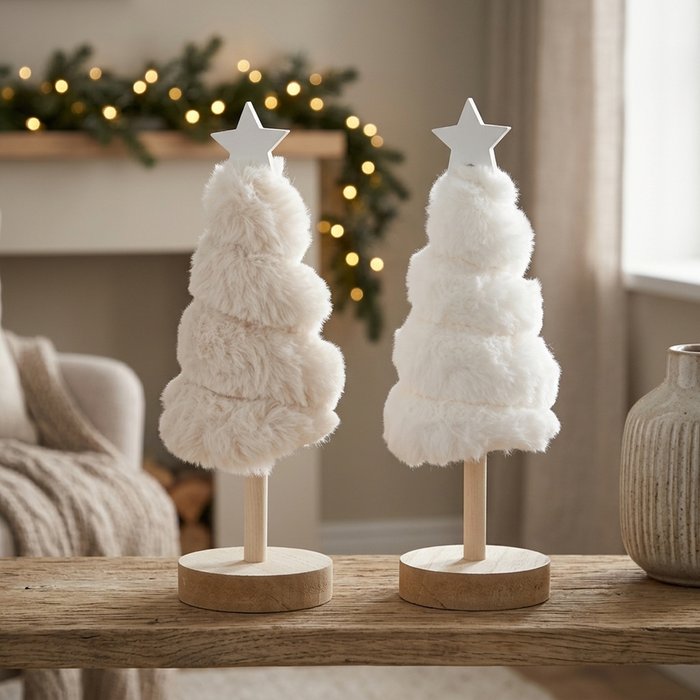 Two small Elunara plush Christmas trees in cream white and beige with wooden star toppers styled on a rustic table with pine garland and warm bokeh lights