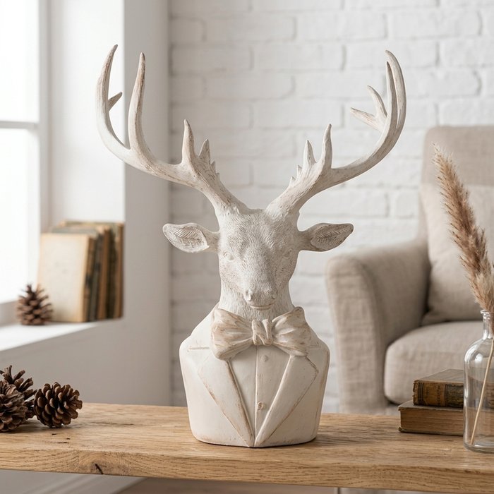 Sigmund matte white deer bust figurine with antlers, jacket and bow tie displayed on a wooden console