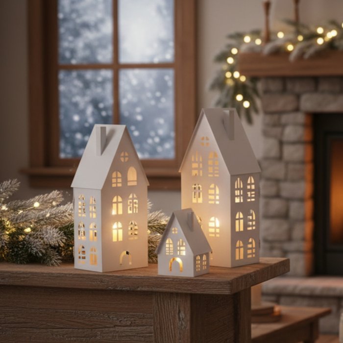 Three white metal house lanterns glowing with warm tealight light on a mantelpiece by a fireplace with Christmas greenery