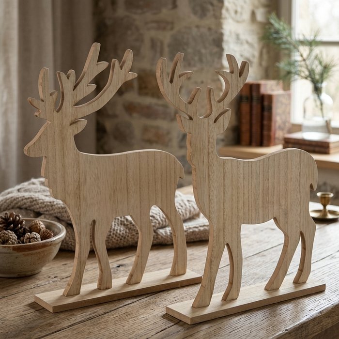 Two large natural wooden stag figurines on stands styled on a rustic wooden table with pine cones and soft furnishings