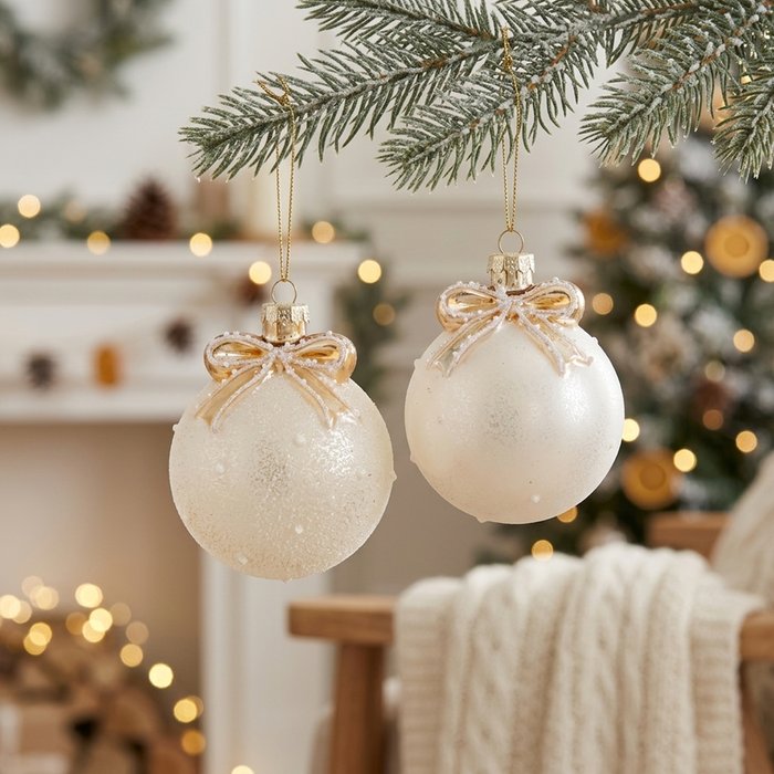 Two cream and gold Gloria glass baubles hanging from a frosted Christmas tree in a warm festive interior