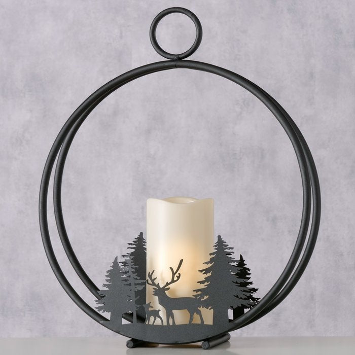 Kamino Nordic deer LED decorative stand with circular iron frame and silhouetted forest scene