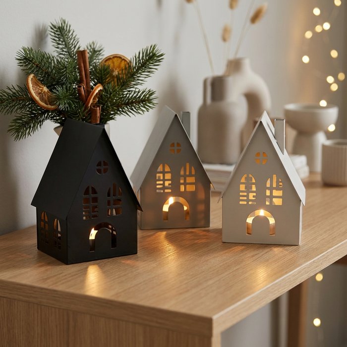 Three Chelsea metal house lanterns glowing warmly on a wooden console in a Nordic Christmas setting