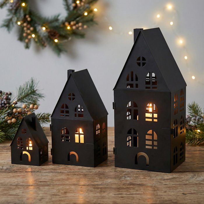 Set of three matte black metal house lanterns with tealights glowing through cut-out windows, styled with Christmas foliage