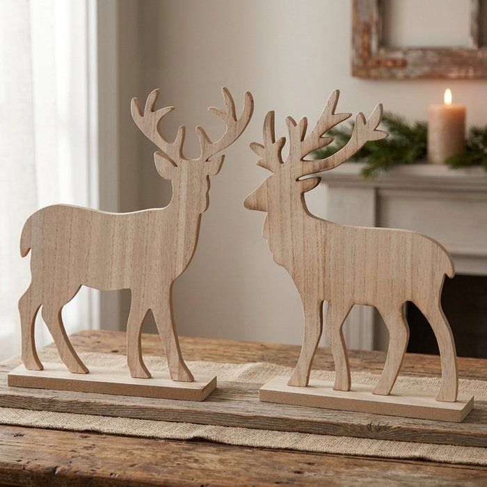 Two natural wooden stag figurines on stands styled on a rustic wooden table with candle and greenery
