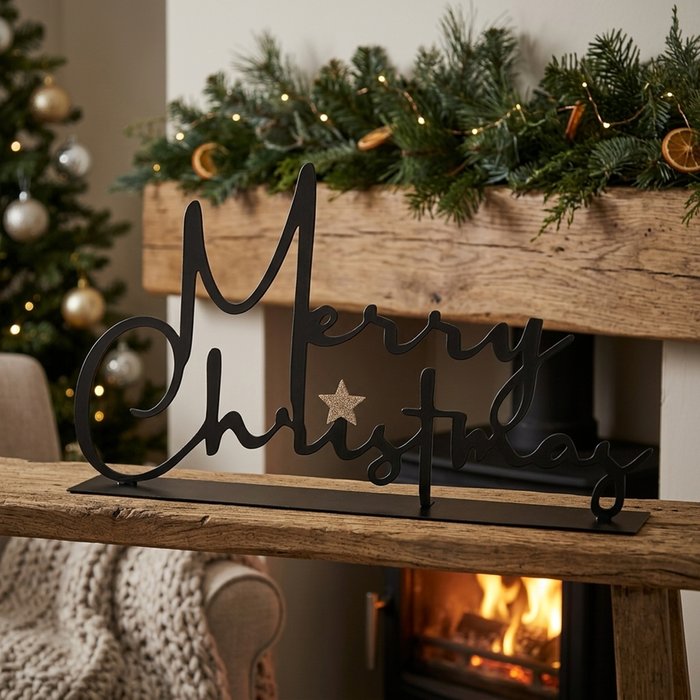 Merry Christmas iron lettering sign styled on a rustic bench in front of a lit fireplace with pine garland mantelpiece and Christmas tree