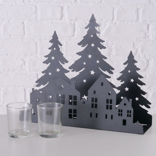 Aro Nordic village tealight holder with cut-out house and Christmas tree silhouettes in powder-coated black iron
