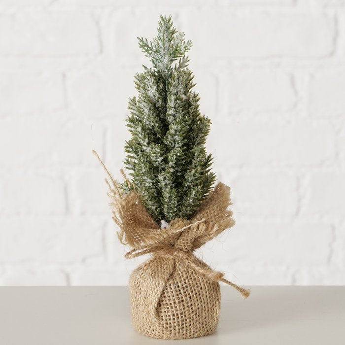 Lightly frosted green miniature Christmas tree decoration with a rustic jute-wrapped base