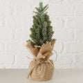Soft green frosted miniature Christmas tree decoration with a rustic jute-wrapped base
