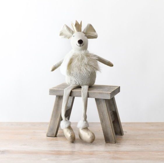 Large cream fabric sitting mouse with dangling legs, gold shoes and crown, 50cm