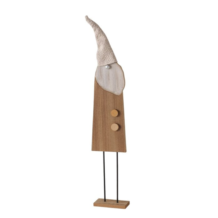 Large handcrafted FSC pine wooden Santa gonk figurine with textured polyester hat on slim black metal stand, 72cm, on white background