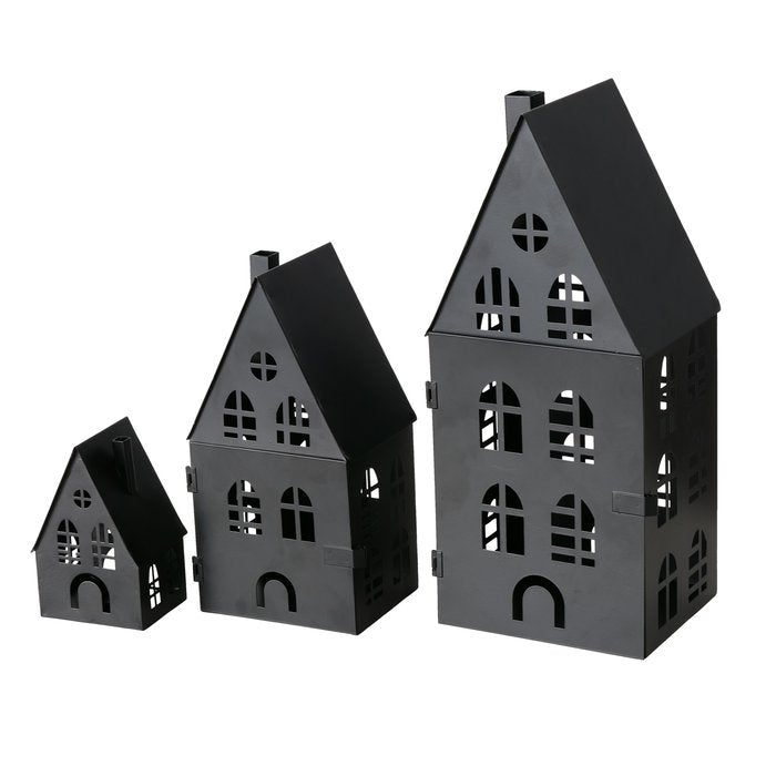 Set of three matte black iron house lanterns in small, medium and large sizes on white background
