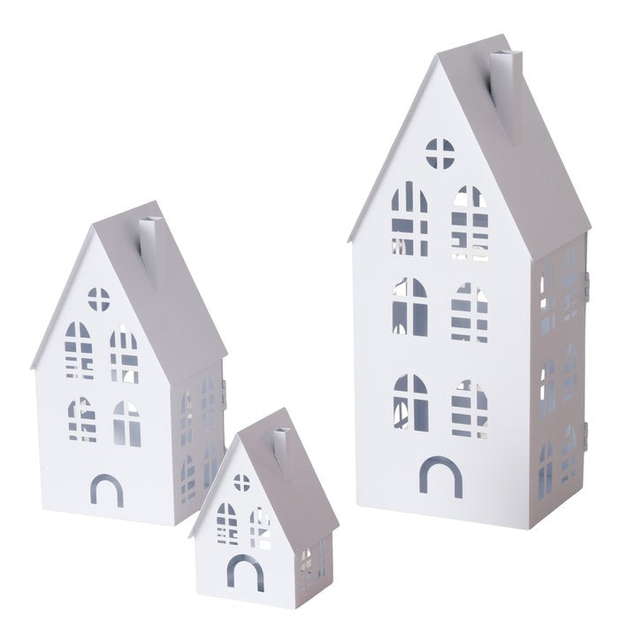 Set of three white powder-coated iron house lanterns in small, medium and large sizes on white background
