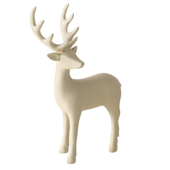 Standing matte cream white polyresin reindeer figurine with antlers, 22cm, on white background