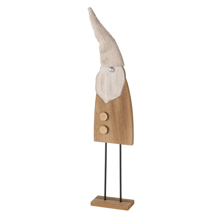 Tall handcrafted FSC pine wooden Santa gonk figurine with textured polyester hat on slim black metal stand, 63cm