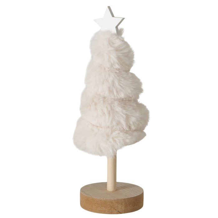 Small Elunara beige plush Christmas tree with wooden star and round base on white background