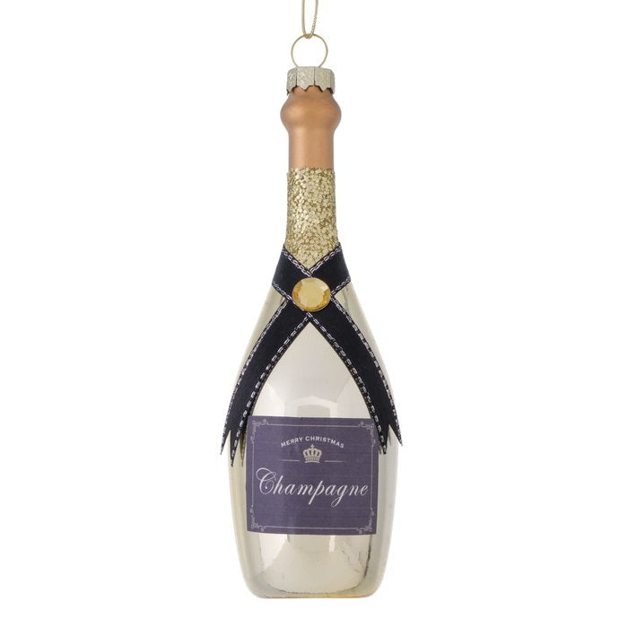 Clear glass champagne bottle Christmas ornament with gold glitter and black ribbon detailing