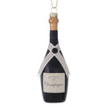 Black glass champagne bottle Christmas ornament with white ribbon detailing and a hanging cord