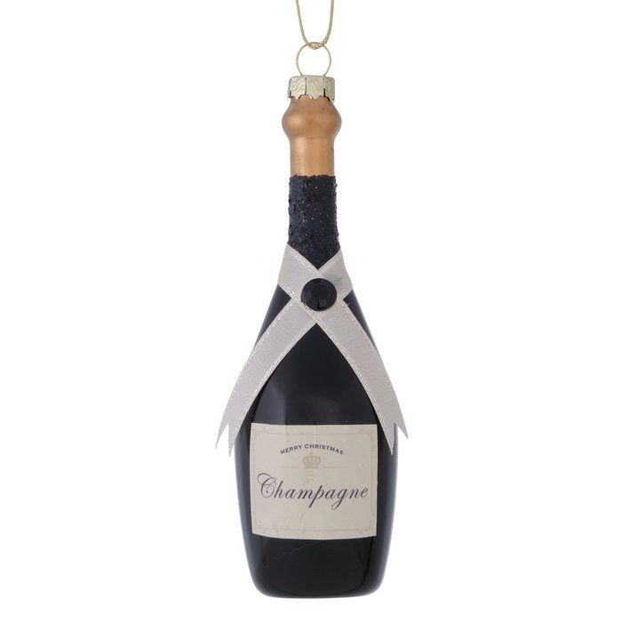 Black glass champagne bottle Christmas ornament with white ribbon detailing and a hanging cord