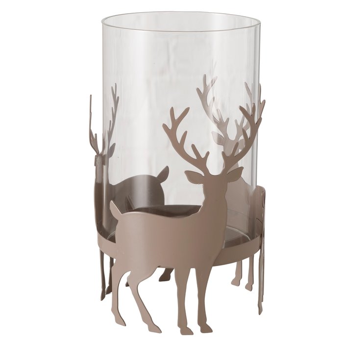 Tiro stag lantern small in taupe — powder-coated iron stag motif with clear recycled glass, H15.5cm