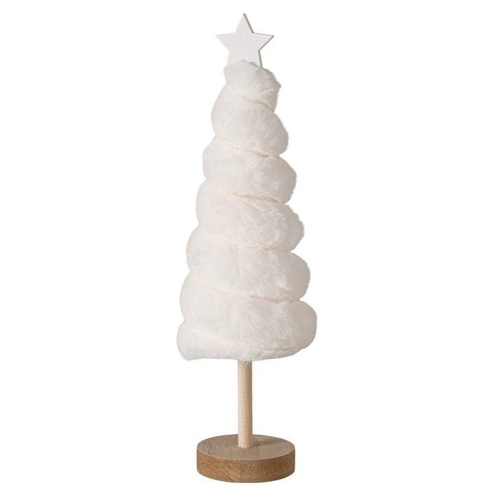 Elunara cream white plush Christmas tree with wooden star and round base on white background