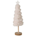 Elunara beige plush Christmas tree with wooden star and round base on white background