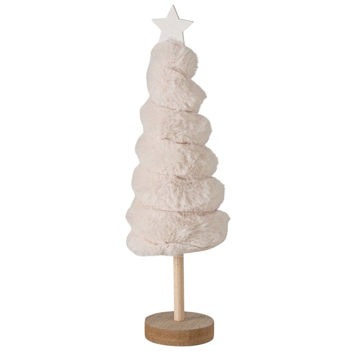 Elunara beige plush Christmas tree with wooden star and round base on white background