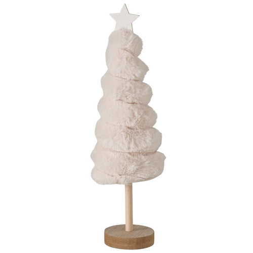 Elunara beige plush Christmas tree with wooden star and round base on white background