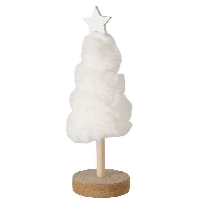 Small Elunara cream white plush Christmas tree with wooden star and round base on white background