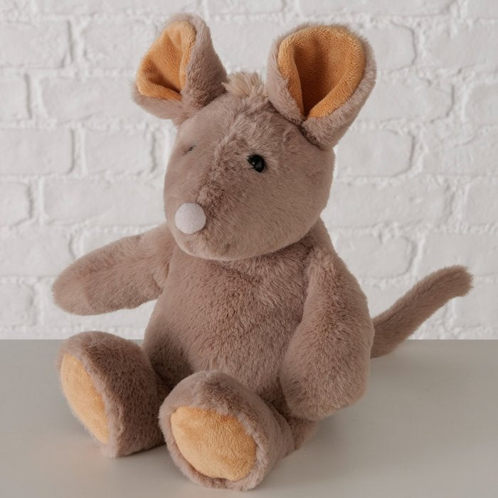 Lotti grey mouse plush toy sitting upright with soft polyester plush finish and peach ear lining