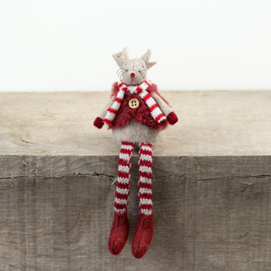 Red fabric sitting mouse with antlers, faux-fur jacket, button detail, red and white striped knitted scarf and dangling striped legs, 15cm