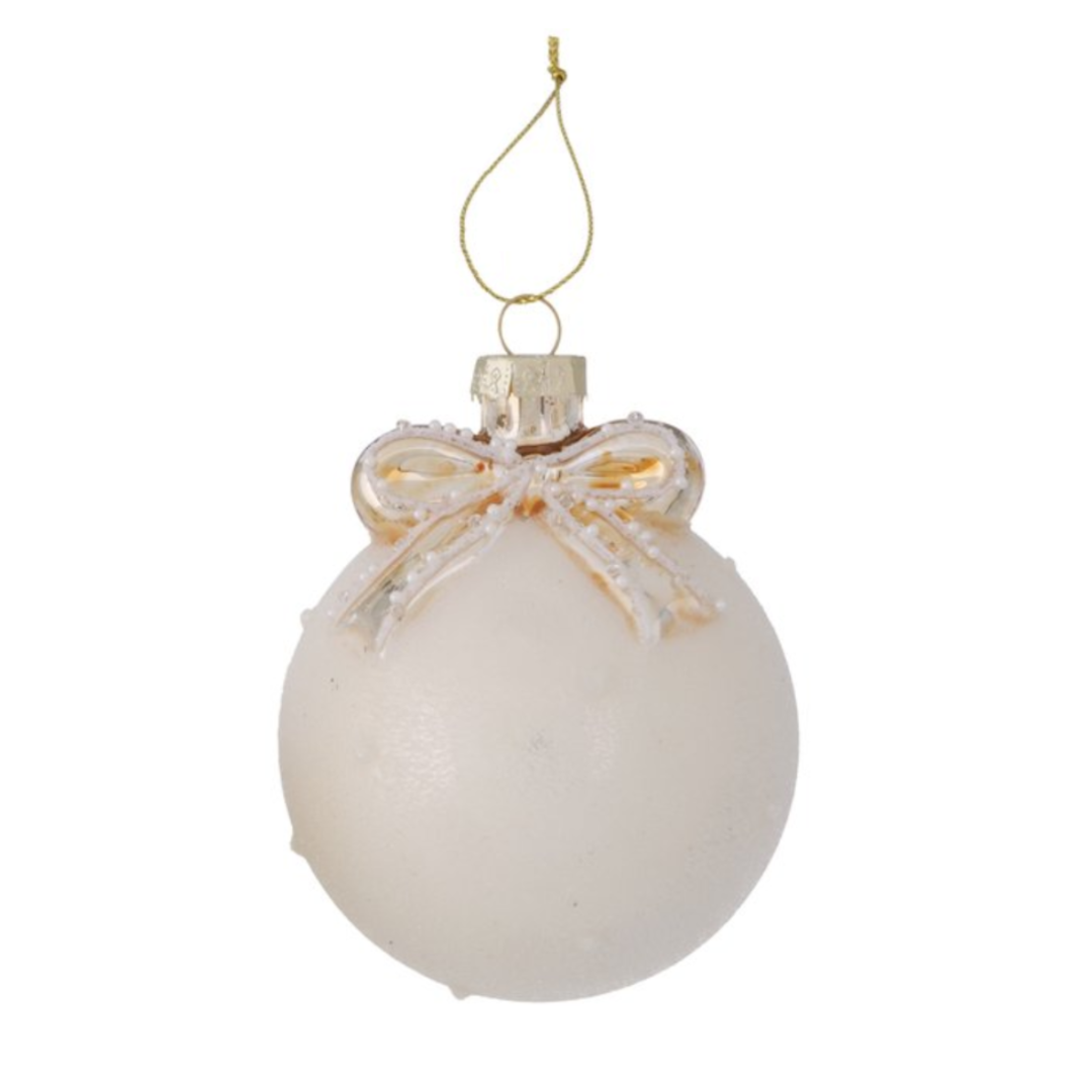 Cream-white Gloria glass Christmas bauble with a pearled finish, gold bow and hanging cord