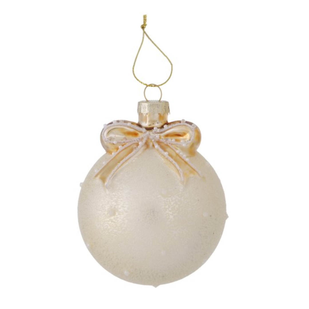 Cream-white Gloria glass Christmas bauble with a glitter finish, gold bow and hanging cord