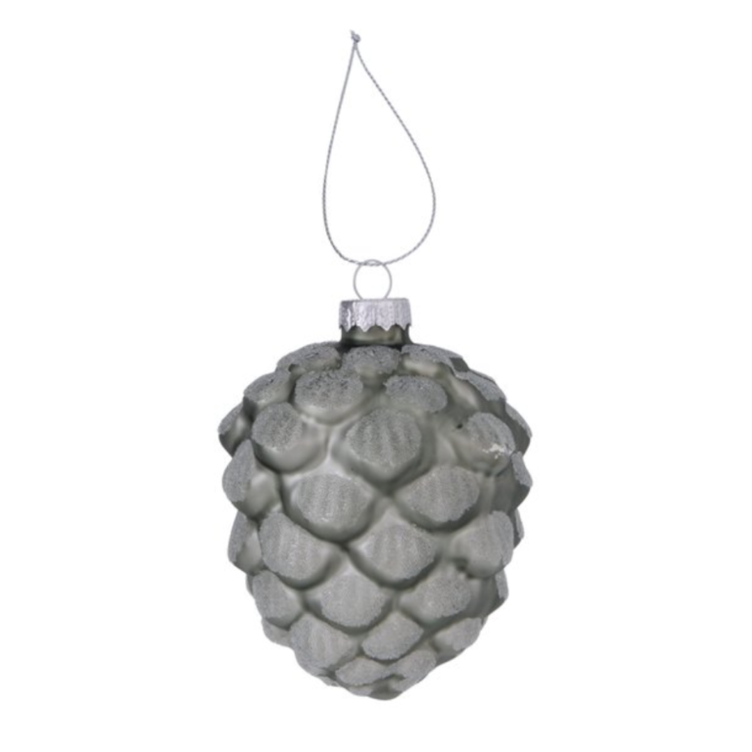 Green glass Segia pinecone Christmas ornament with softly frosted layered scales