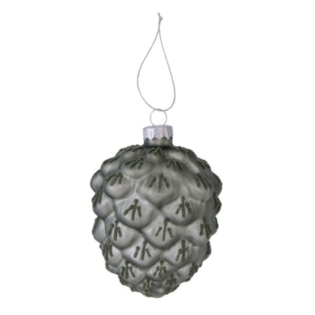 Green glass Segia pinecone Christmas ornament with hand-painted evergreen sprig details