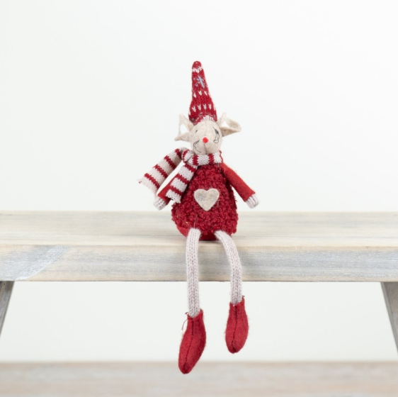 Red fabric sitting mouse with Nordic knitted hat, white heart, striped scarf and red boots, 15cm