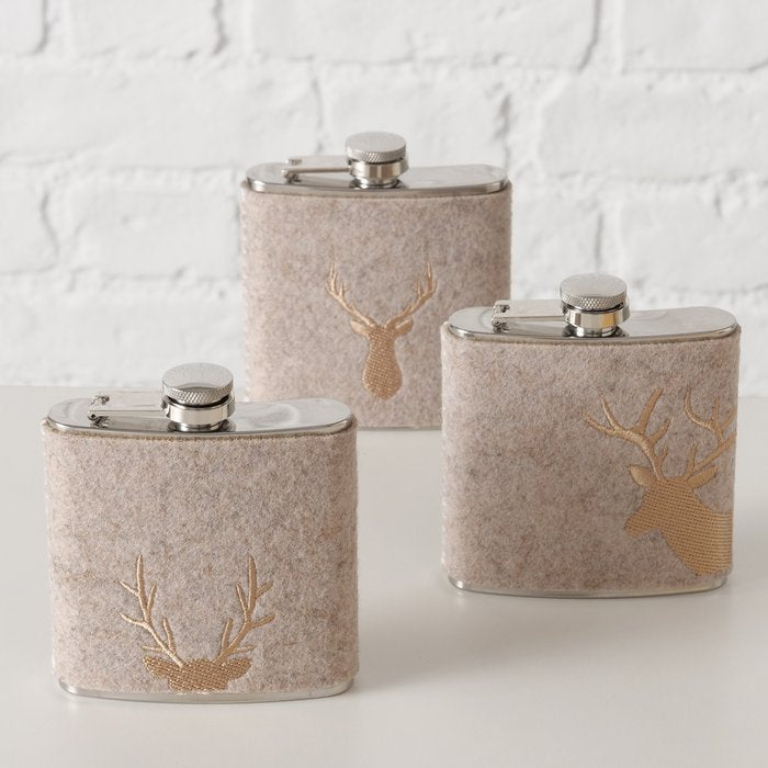 Three assorted stag embroidered wool hip flasks showing different gold stag motif designs