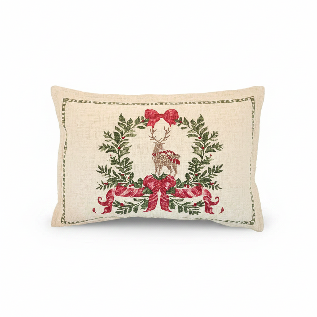 Reindeer and Wreath Cushion