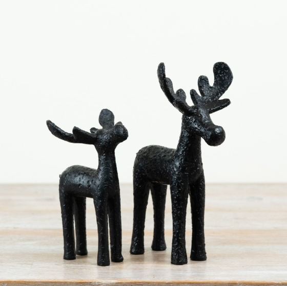 Single black textured rustic moose ornament with raised antlers, matte black finish, 16.8cm