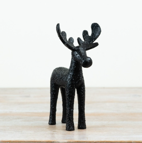 Large black textured rustic moose ornament with raised antlers, matte black finish, 22.5cm