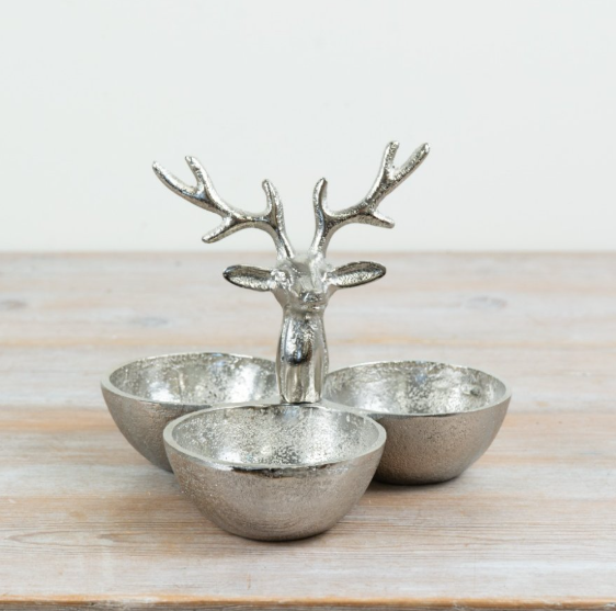 Silver textured stag head triple bowl dish with three rounded bowls, 20cm, on a wooden surface