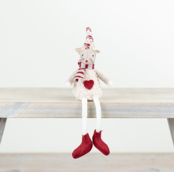 Small cream fabric sitting mouse with Nordic hat, red heart, striped scarf and red boots, 15cm