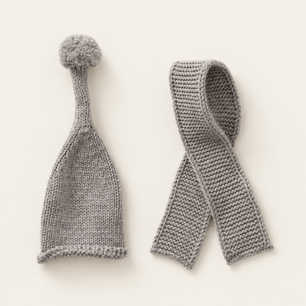 Grey knitted bottle hat and scarf set combined into one image