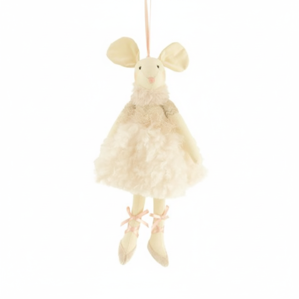 Hanging blush ballet mouse Christmas decoration in white fluffy skirt with pink ballet shoes, 24cm